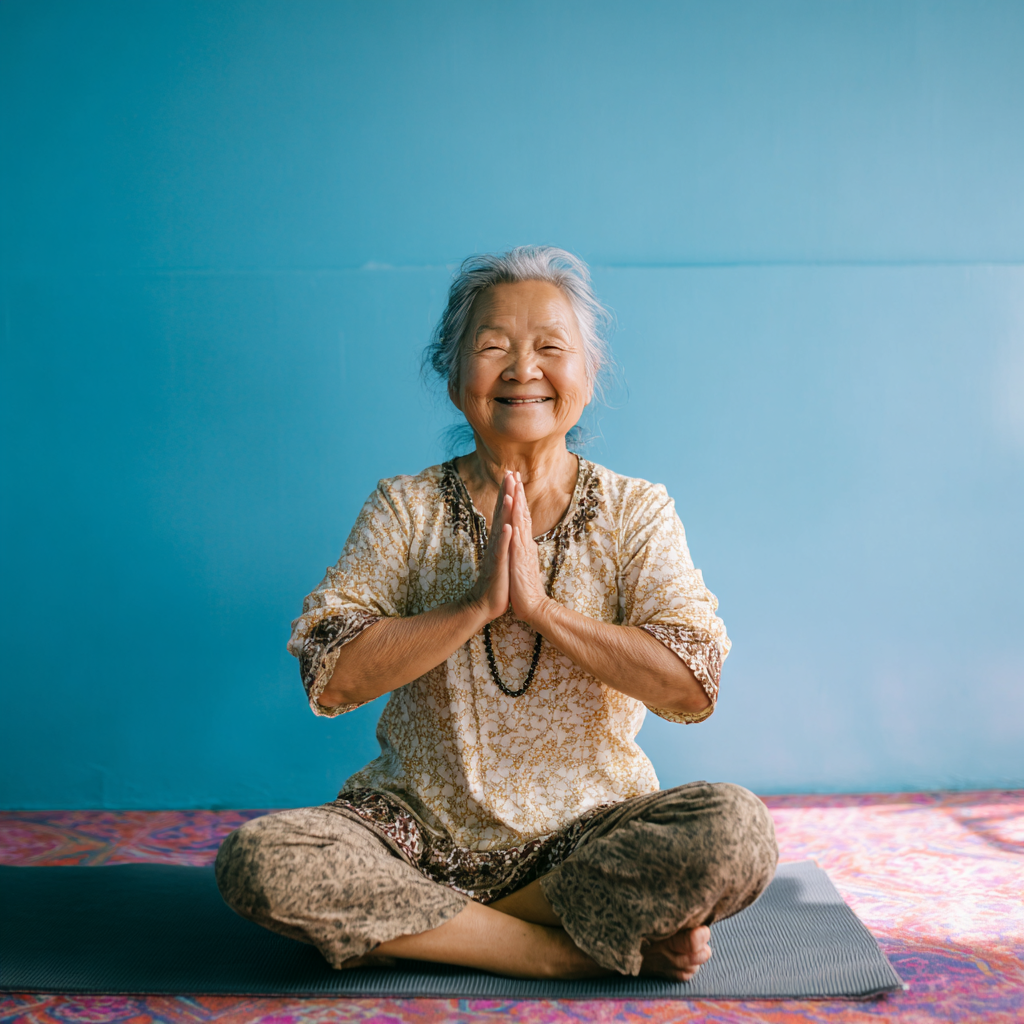 Группа людей среднего возраста европейской внешности с мирными улыбками медитируют вместе в светлой студии йоги